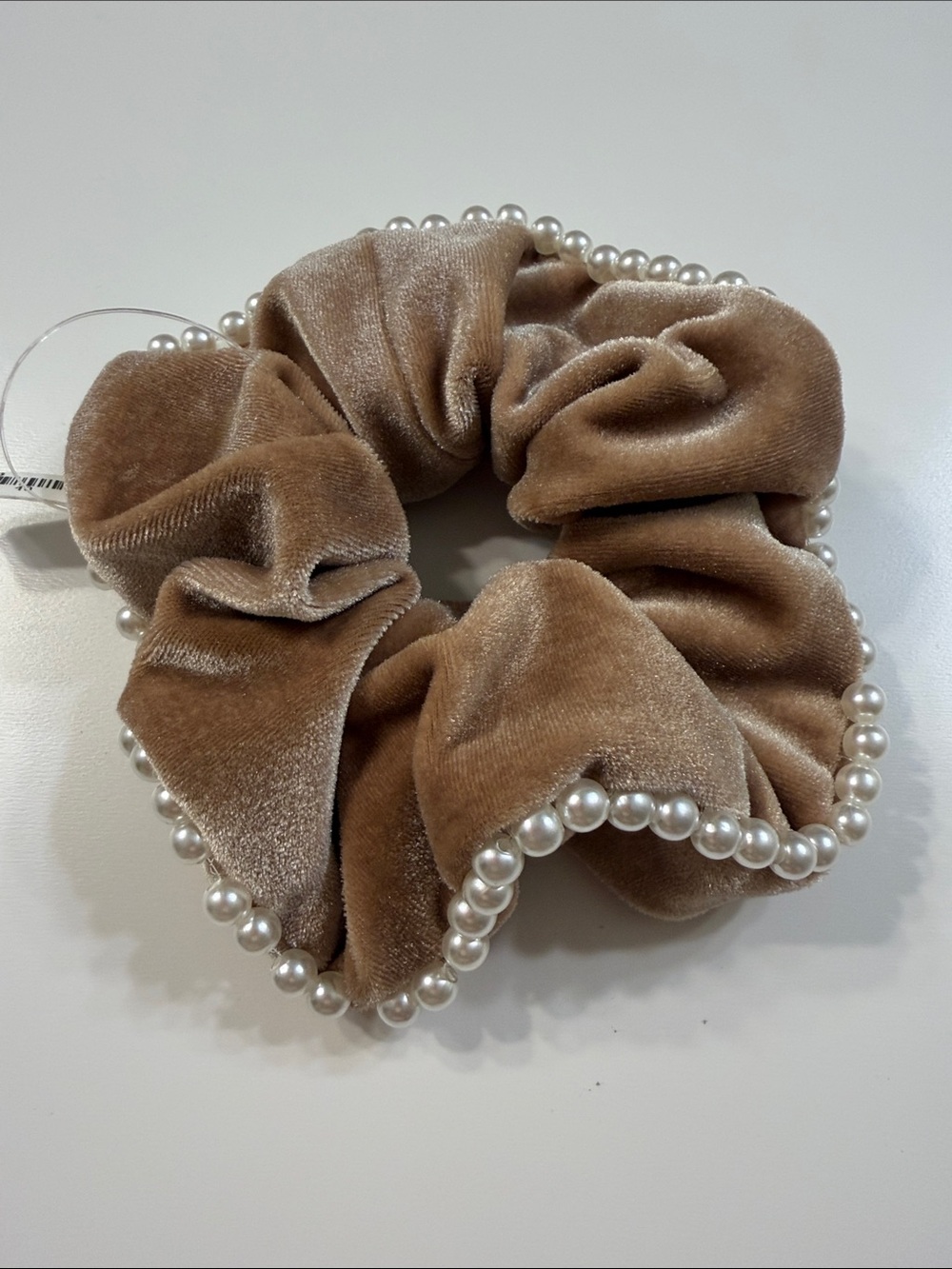 Velvet Pearl-Trim Scrunchie - Taupe